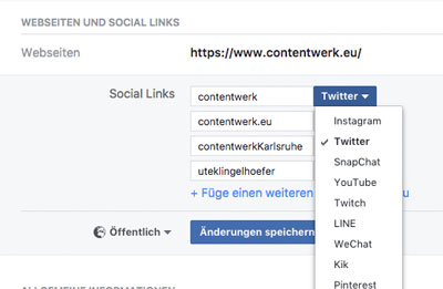 instagram und Twitter-Link im Facebook-Profil angeben